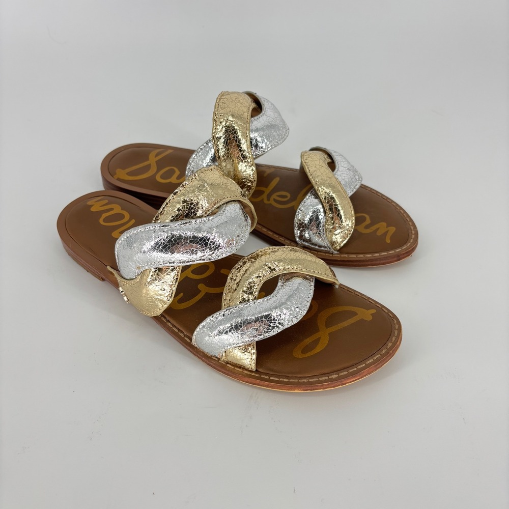 Sam Edelman Hellen Braided Slide Sandal Gold/Silver Faux Leather Women Size 7.5